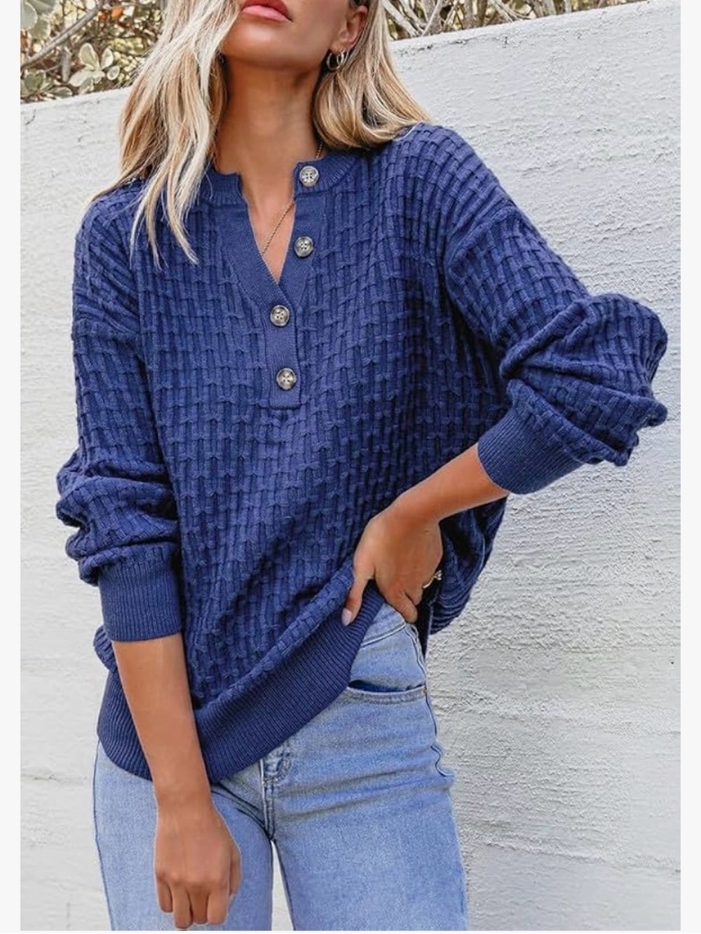 Button-Shoulder Textured Knit Sweater in Royal Blue
